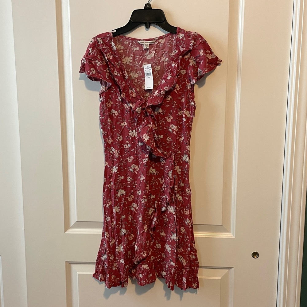American Eagle Outfitters Red Floral Mini Wrap Ruffle Dress